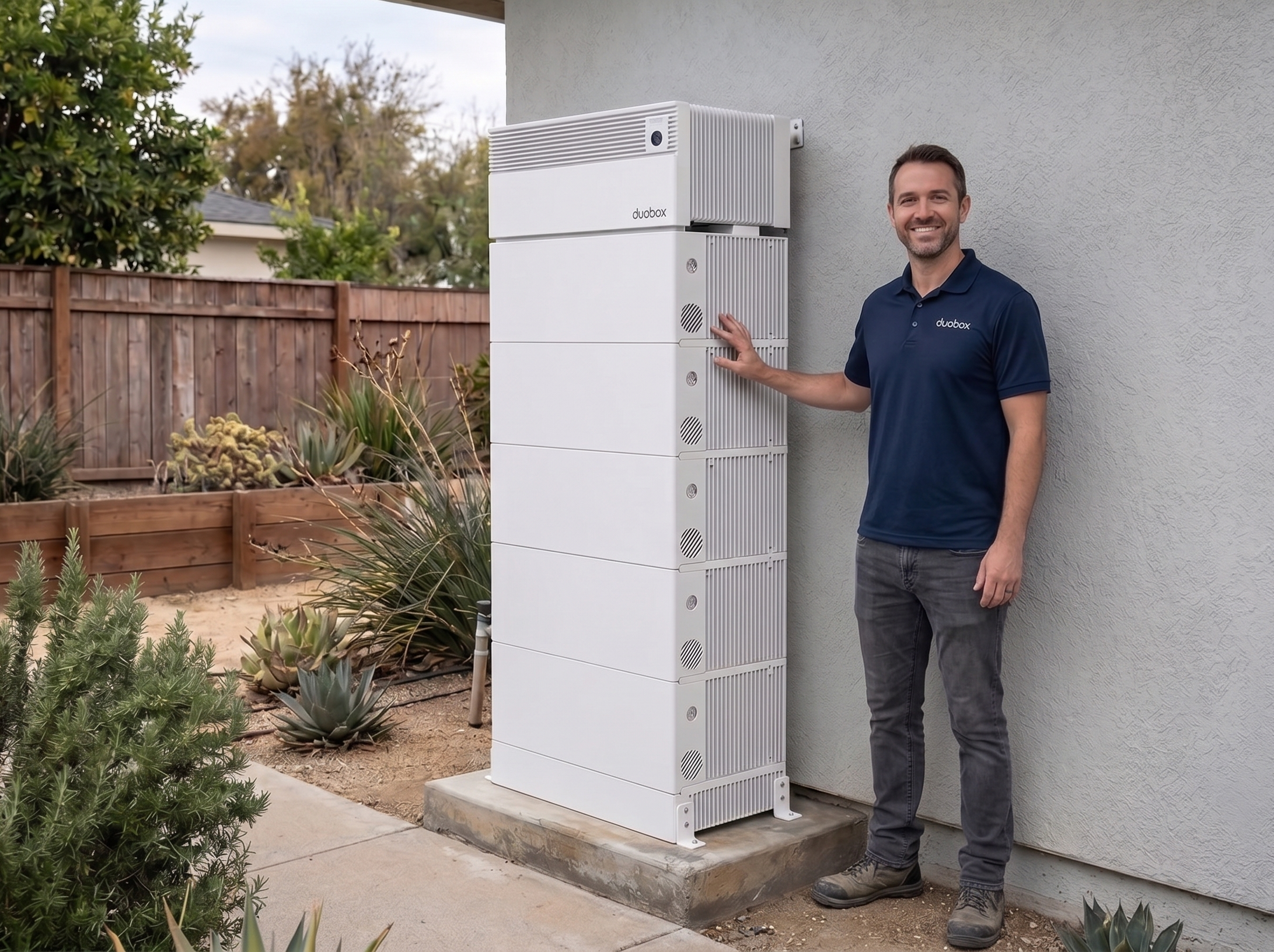 DuoBox installed beside a home with people nearby for scale